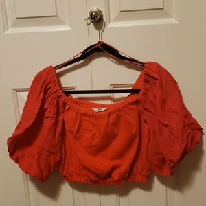 Zara off-the shoulder puff sleeve crop top.
